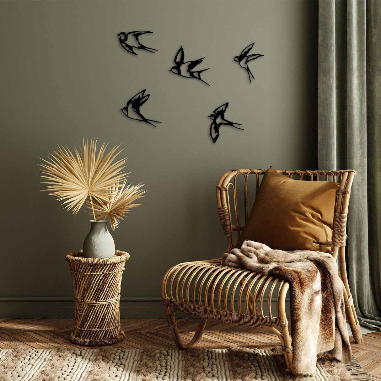 Decoratiune de perete lemn Swallows, Negru, 18x19 cm