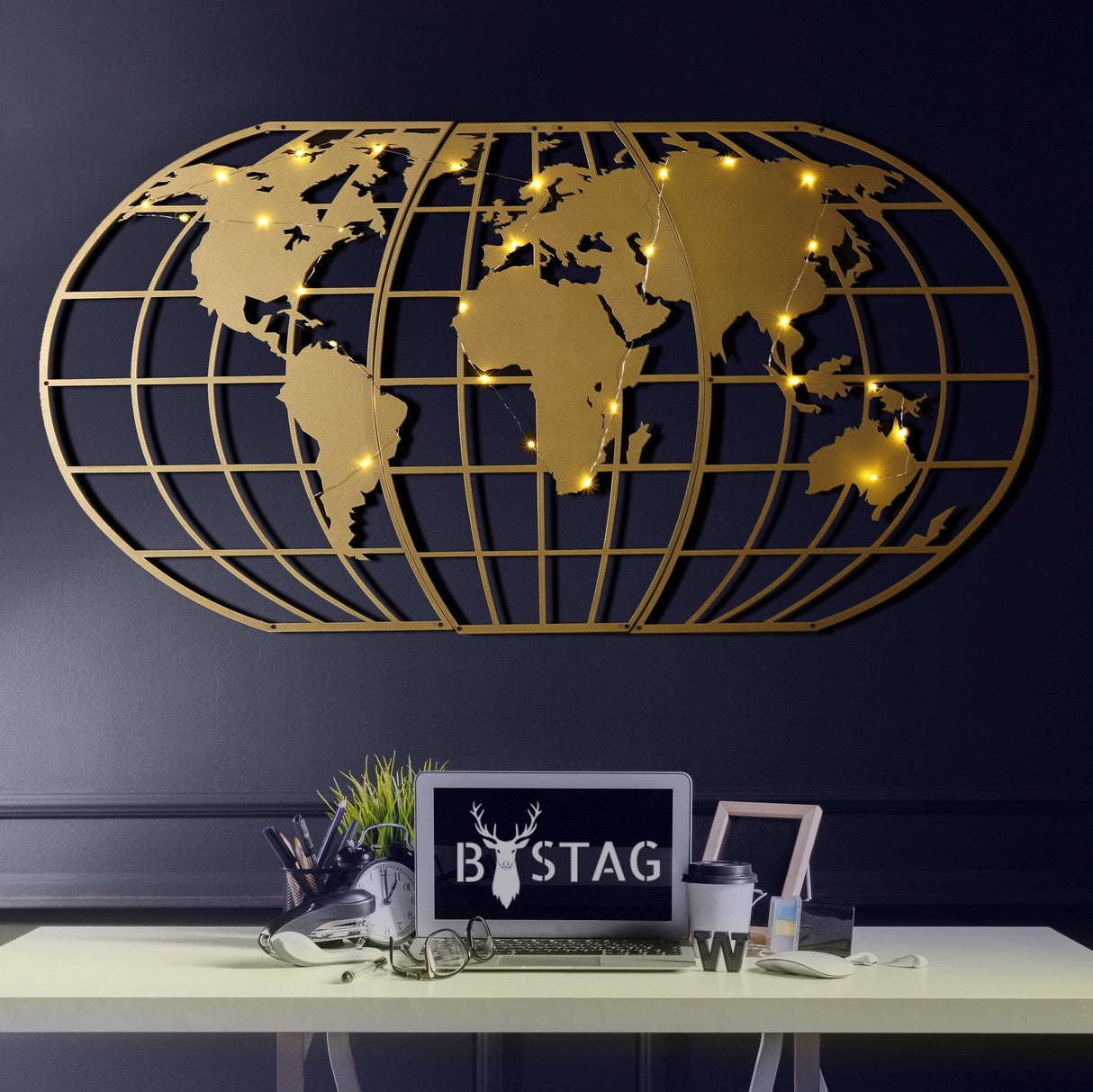 Decoratiune de perete Metal World Map Globe Led - Gold, Aur, 120x60 cm