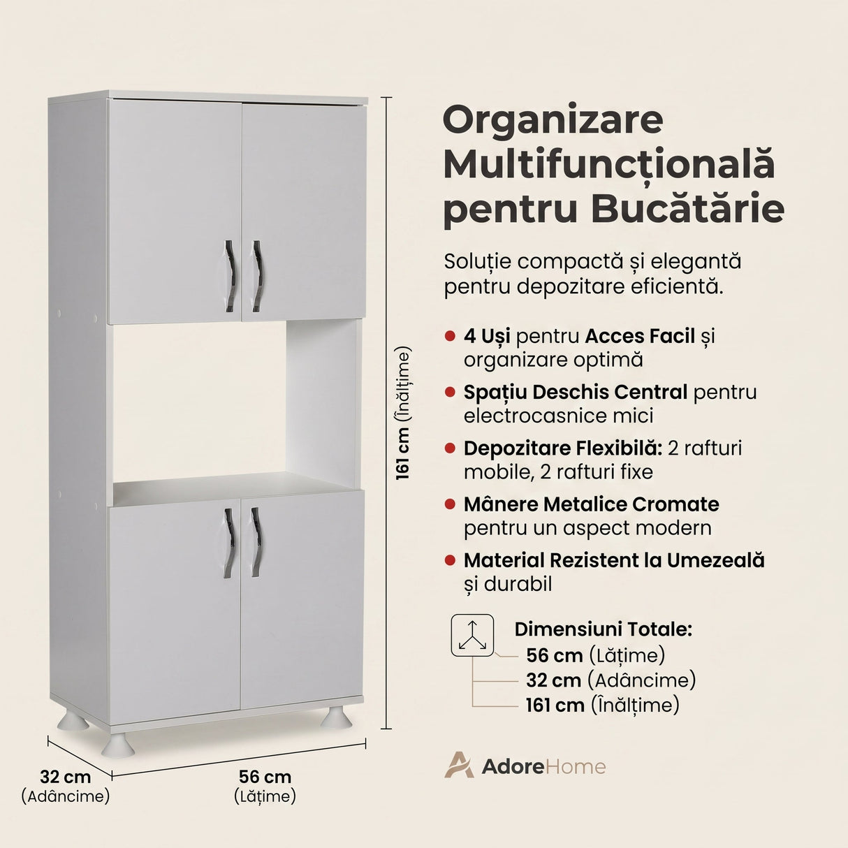 Dulap A2624 Home Collection® Diamond, Multifunctional, 4 usi, 1 raft, Alb, 56x161x32 cm