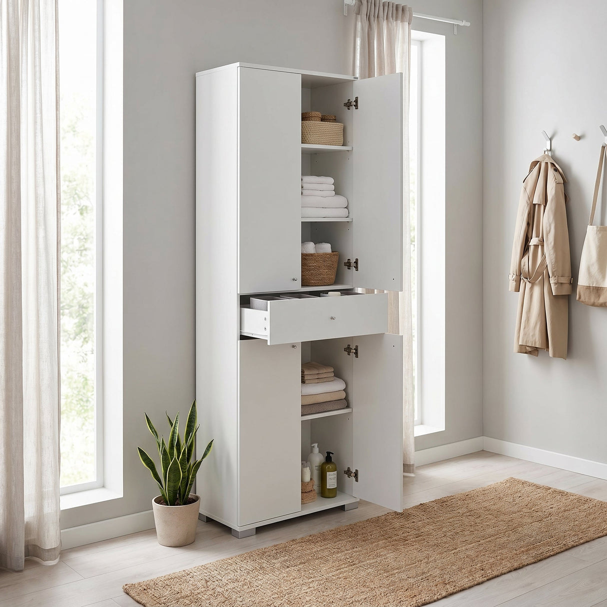 Dulap ADR-441-PP-1 Home Collection® Diamond, Multifunctional, 4 usi, 4 rafturi, 1 sertar, Alb, 60x187x40 cm
