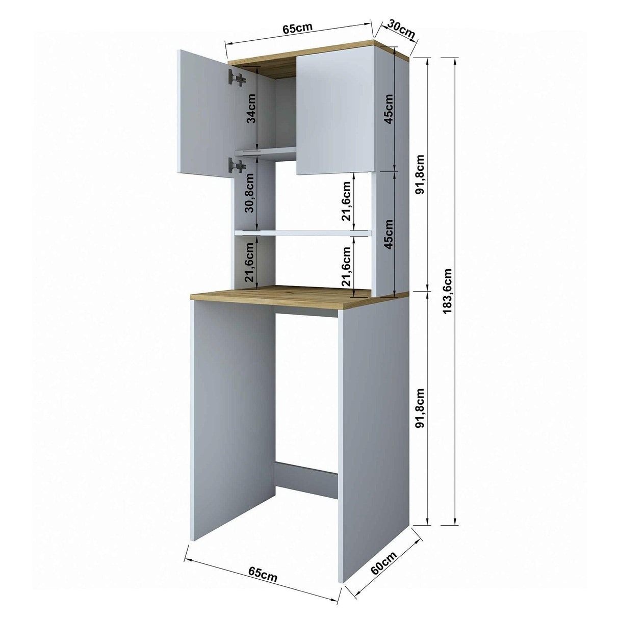 Dulap Baie cu loc pentru Masina de Spalat, 2 Usi si 2 Rafturi, Alb, 65x60x183.6 cm