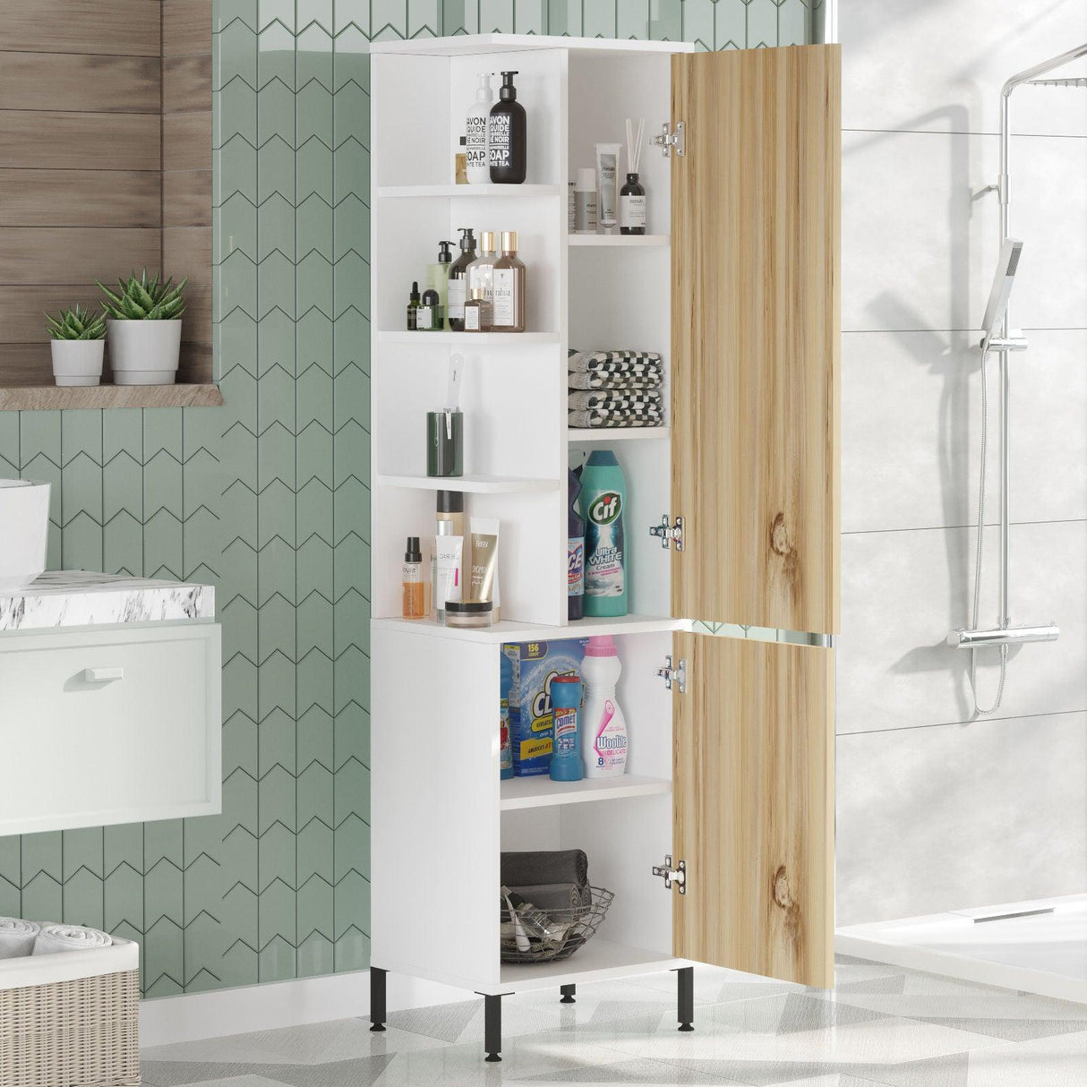 Dulap de Baie Lux cu 2 usi, Alb - Nuc, 45x36x174 cm - Nuc