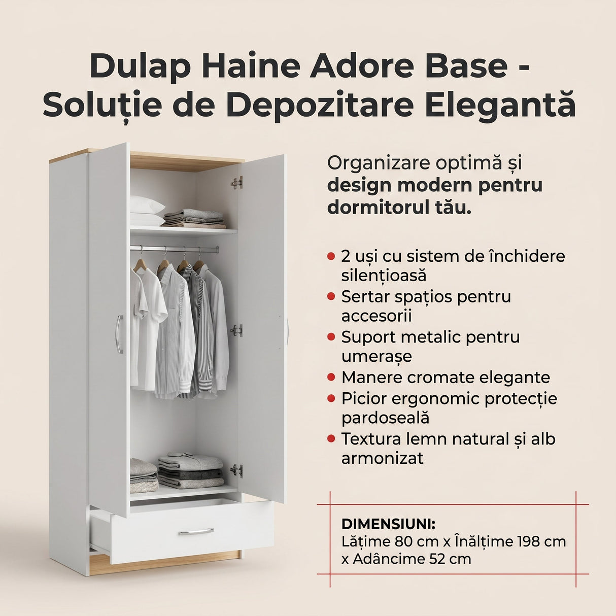 Dulap Haine GRD-821-MB-2 Home Collection® Base, 2 usi cu sertar si umeras, Alb, 80x198x52 cm