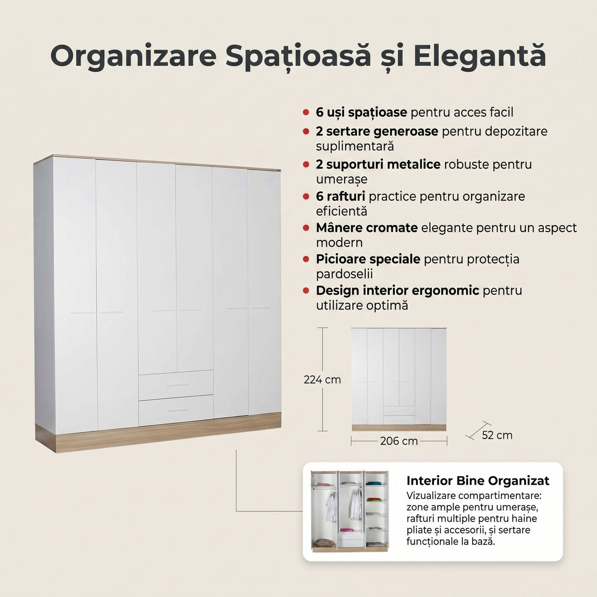 Dulap Haine GRD-862-MB-4 Home Collection® Base, 6 usi, 2 sertare, Alb, 206x224x52 cm