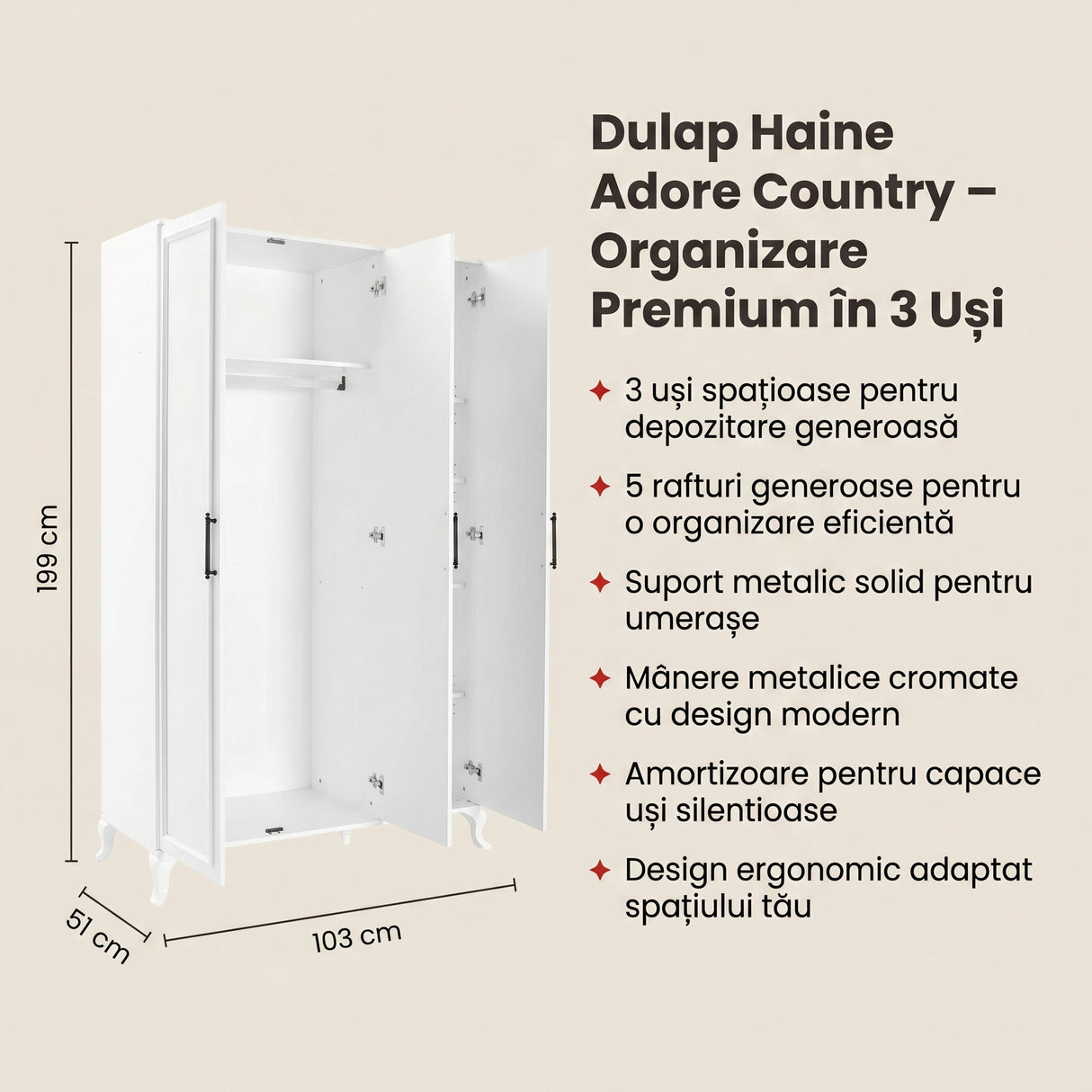 Dulap Haine GRD-1030-DD-3 Home Collection® Country, 3 usi, Alb, 103x199x51 cm