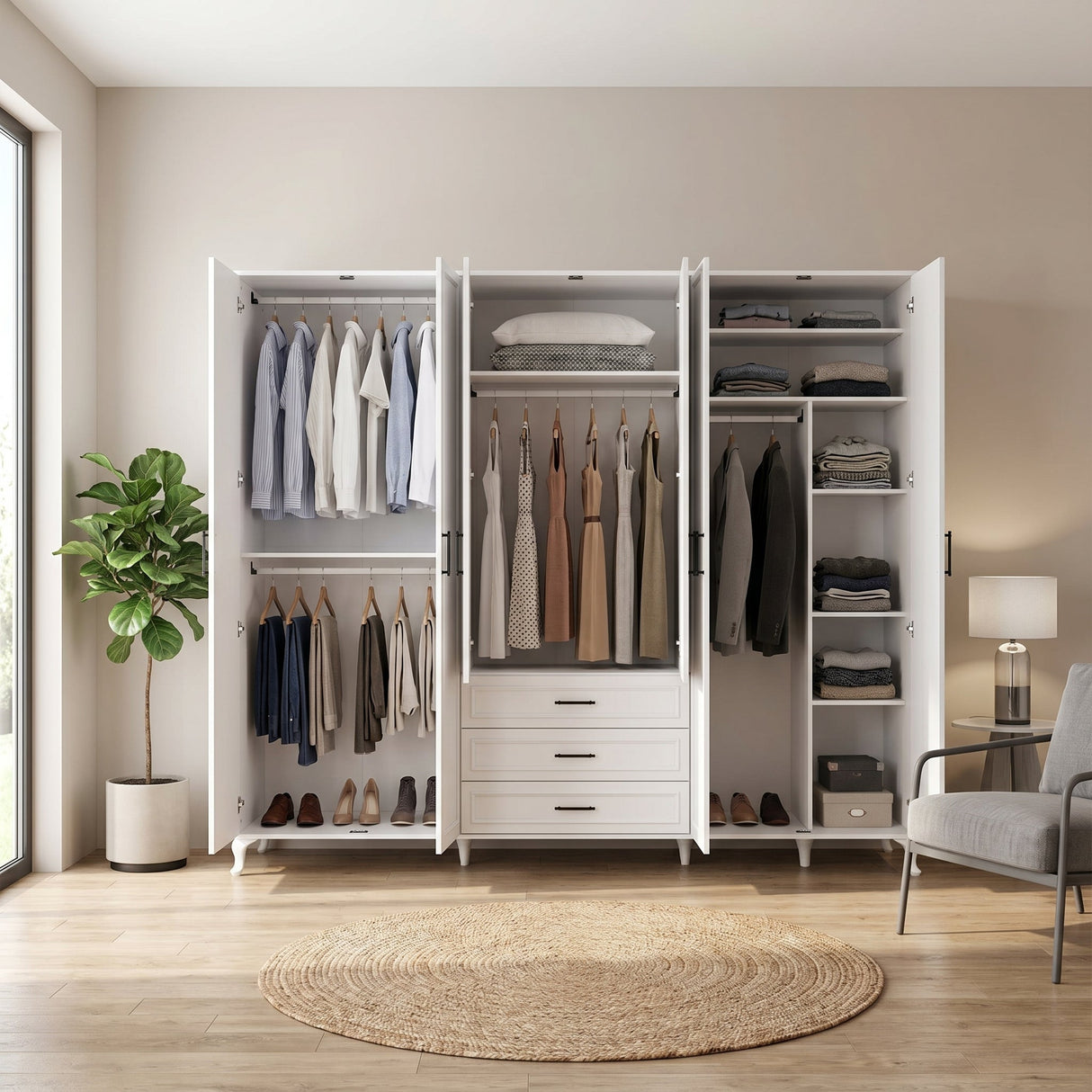 Dulap Haine GRD-1063-DD-5 Home Collection® Country, 6 usi cu 3 sertare, Alb, 240x224x62 cm