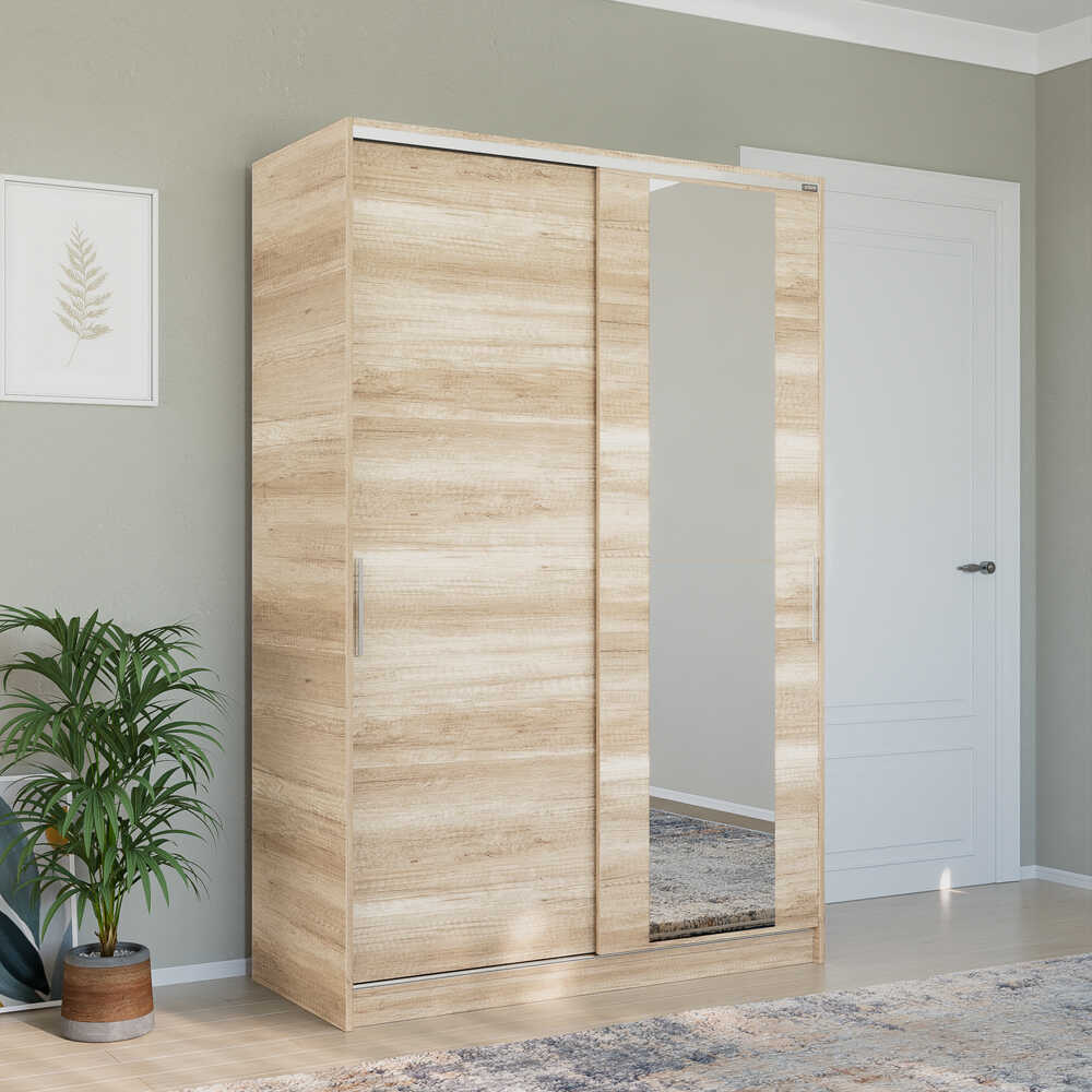 Dulap Haine SWD-512-BB-2 Home Collection® Elit Mediu, 2 usi glisante cu oglinda, Alb - Natur - Sonoma, 120x182x52 cm - Natur | SKU: SWD-512-TT-2