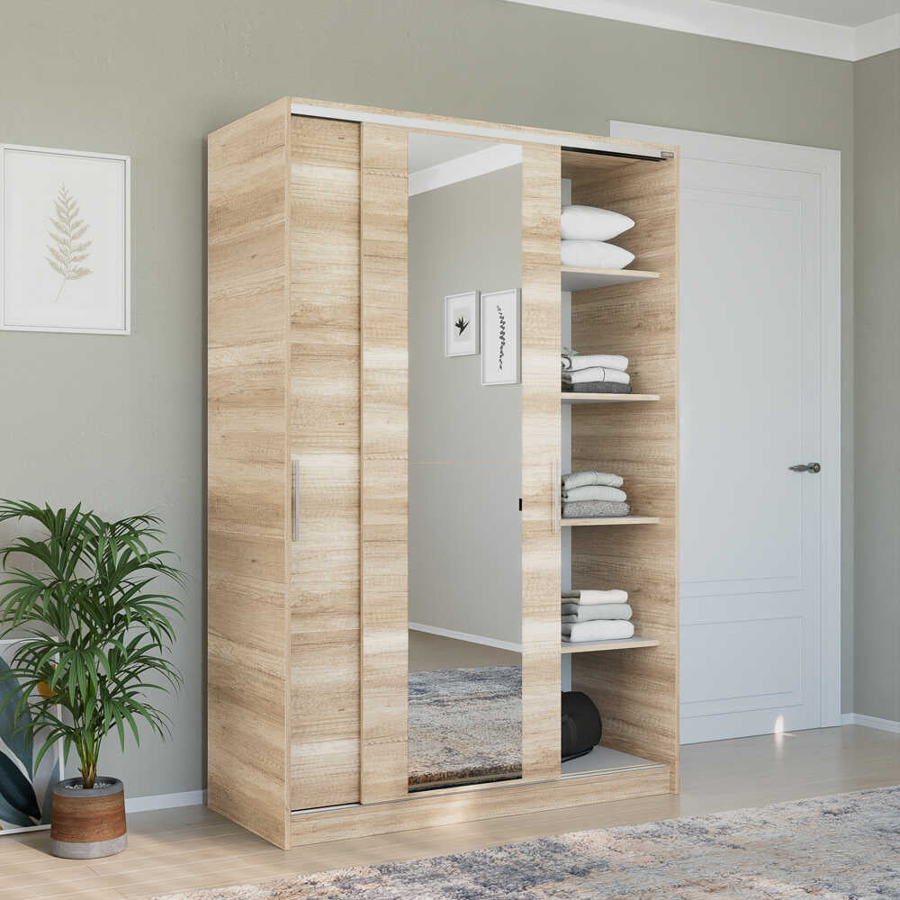 Dulap Haine SWD-512-BB-2 Home Collection® Elit Mediu, 2 usi glisante cu oglinda, Alb - Natur - Sonoma, 120x182x52 cm - Natur | SKU: SWD-512-TT-2