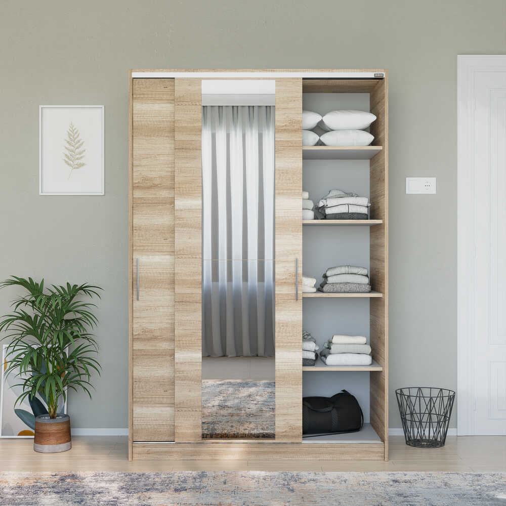 Dulap Haine SWD-512-BB-2 Home Collection® Elit Mediu, 2 usi glisante cu oglinda, Alb - Natur - Sonoma, 120x182x52 cm - Natur | SKU: SWD-512-TT-2