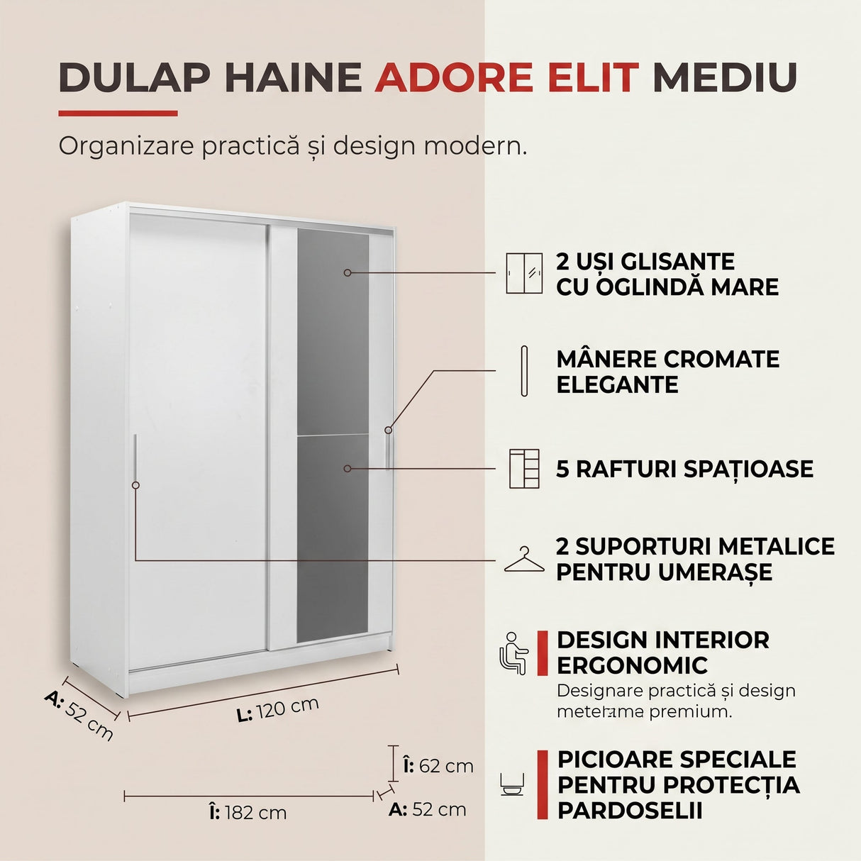 Dulap Haine SWD-512-BB-2 Home Collection® Elit Mediu, 2 usi glisante cu oglinda, Alb - Natur - Sonoma, 120x182x52 cm - Alb | SKU: SWD-512-BB-2, SWD-512-TT-2, SWD-512-SN-2