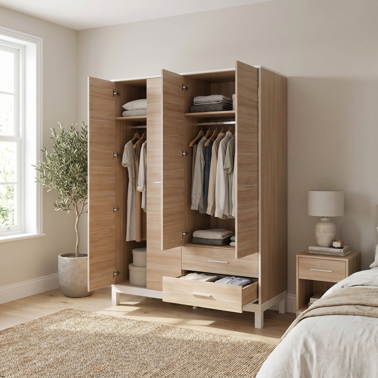 Dulap Haine GRD-1442-MB-3 Home Collection® London, 4 usi si 2 sertare, Alb - Stejar, 159x202x52 cm