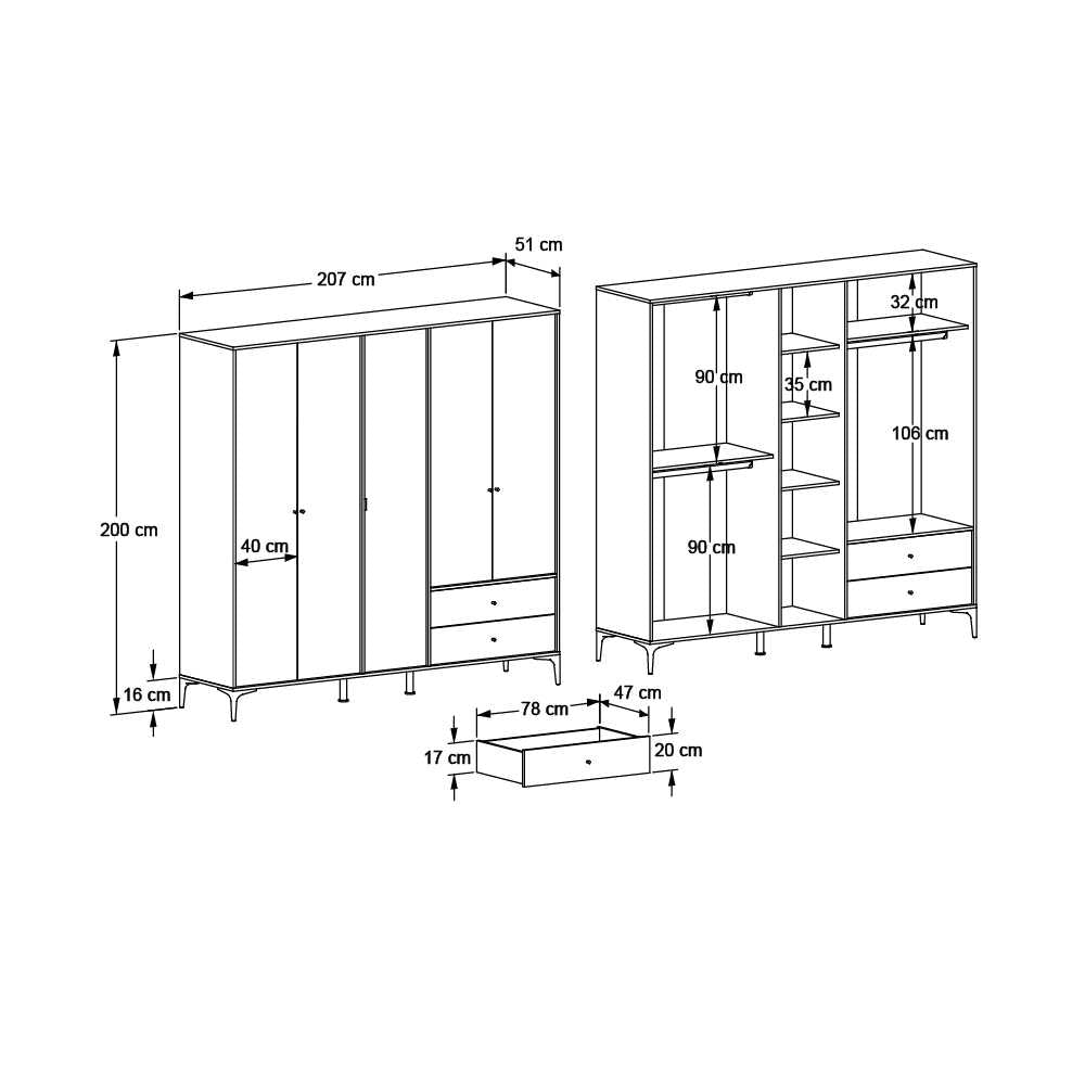 Dulap Haine GRA-752-OA-4 Home Collection® Madrid cu 5 usi, 2 sertare si oglinda, 207x201x51 cm - Nuc - Antracit | SKU: GRA-752-OA-4