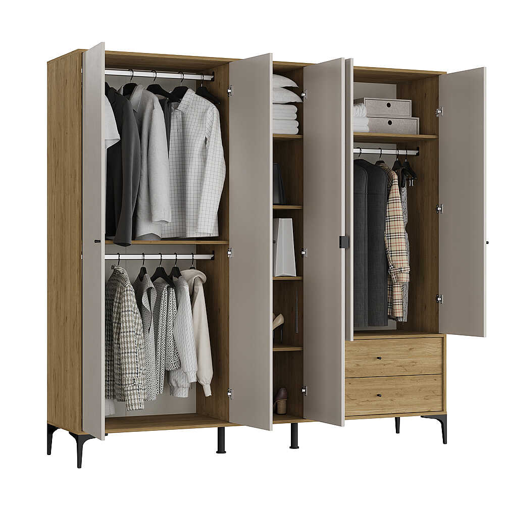 Dulap Haine GRA-752-OA-4 Home Collection® Madrid cu 5 usi, 2 sertare si oglinda, 207x201x51 cm - Stejar - Vizon | SKU: GRA-752-FV-4