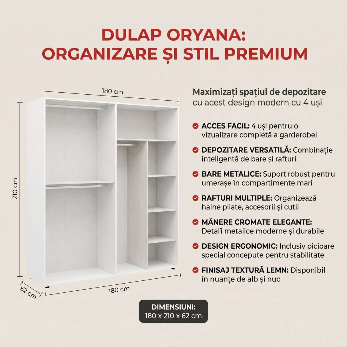 Dulap Haine GRD-1740-DD-3 Home Collection® Oryana cu 4 usi cu rafturi si umerasi, 180x210x62 cm - Alb | SKU: GRD-1740-DD-3, GRD-1740-OO-3, GRD-1740-FF-3