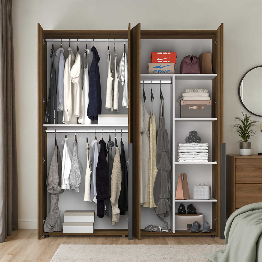 Dulap Haine GRD-1740-DD-3 Home Collection® Oryana cu 4 usi cu rafturi si umerasi, 180x210x62 cm - Nuc | SKU: GRD-1740-DD-3, GRD-1740-OO-3, GRD-1740-FF-3