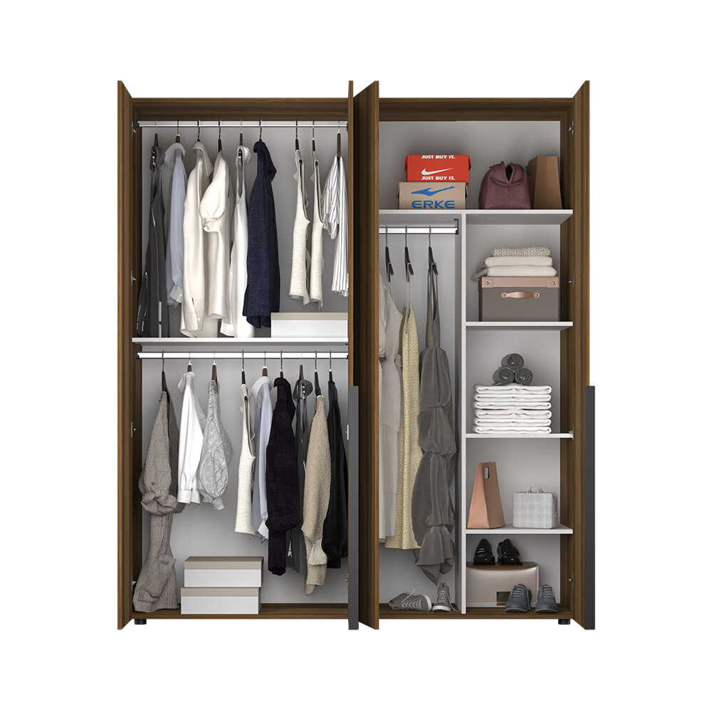 Dulap Haine GRD-1740-DD-3 Home Collection® Oryana cu 4 usi cu rafturi si umerasi, 180x210x62 cm - Nuc | SKU: GRD-1740-DD-3, GRD-1740-OO-3, GRD-1740-FF-3