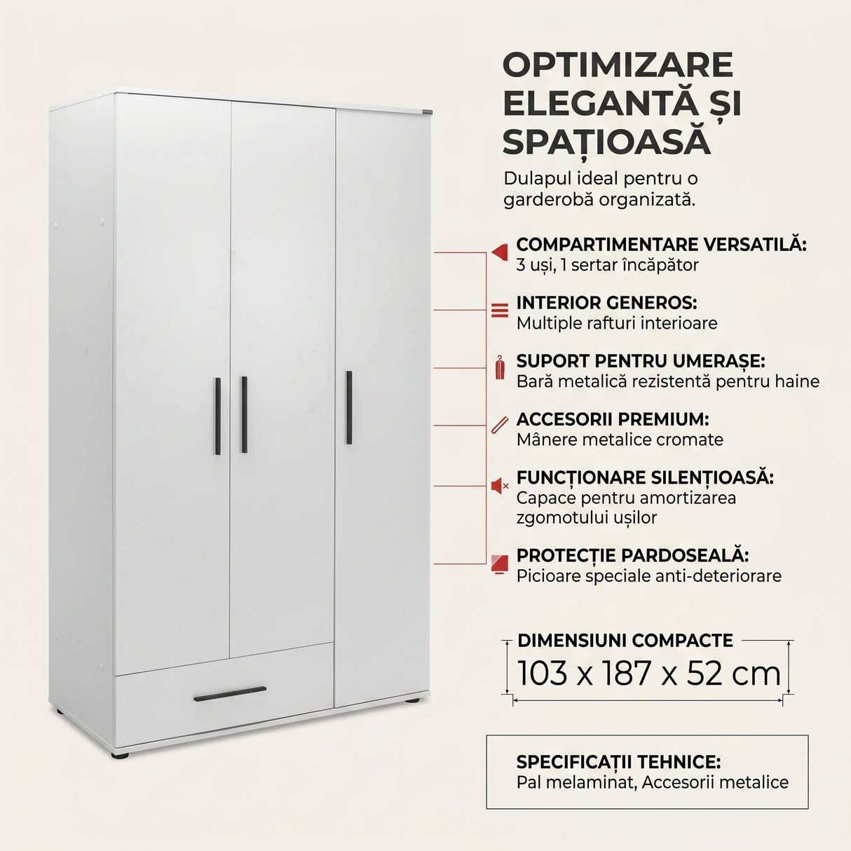Dulap Haine GRD-631-BB-2 Home Collection® Trendline, 3 usi, 1 sertar, Alb - Stejar, 103x187x52 cm - Alb | SKU: GRD-631-BB-2, GRD-631-FF-2