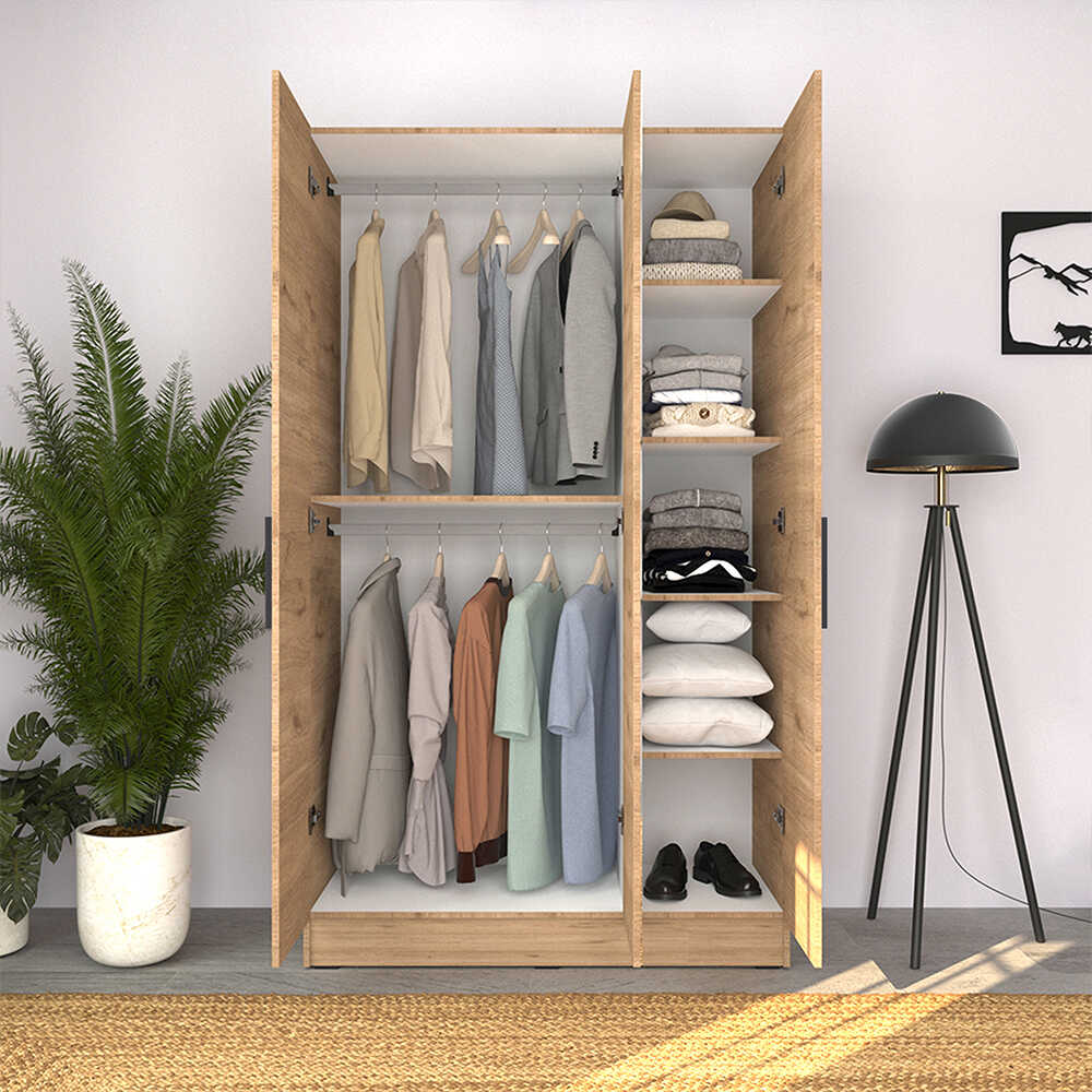 Dulap Haine GRA-730-FF-3 Home Collection® Trendline cu 3 usi si oglinda, Alb - Stejar, 120x207x53 cm - Stejar | SKU: GRA-730-FF-3