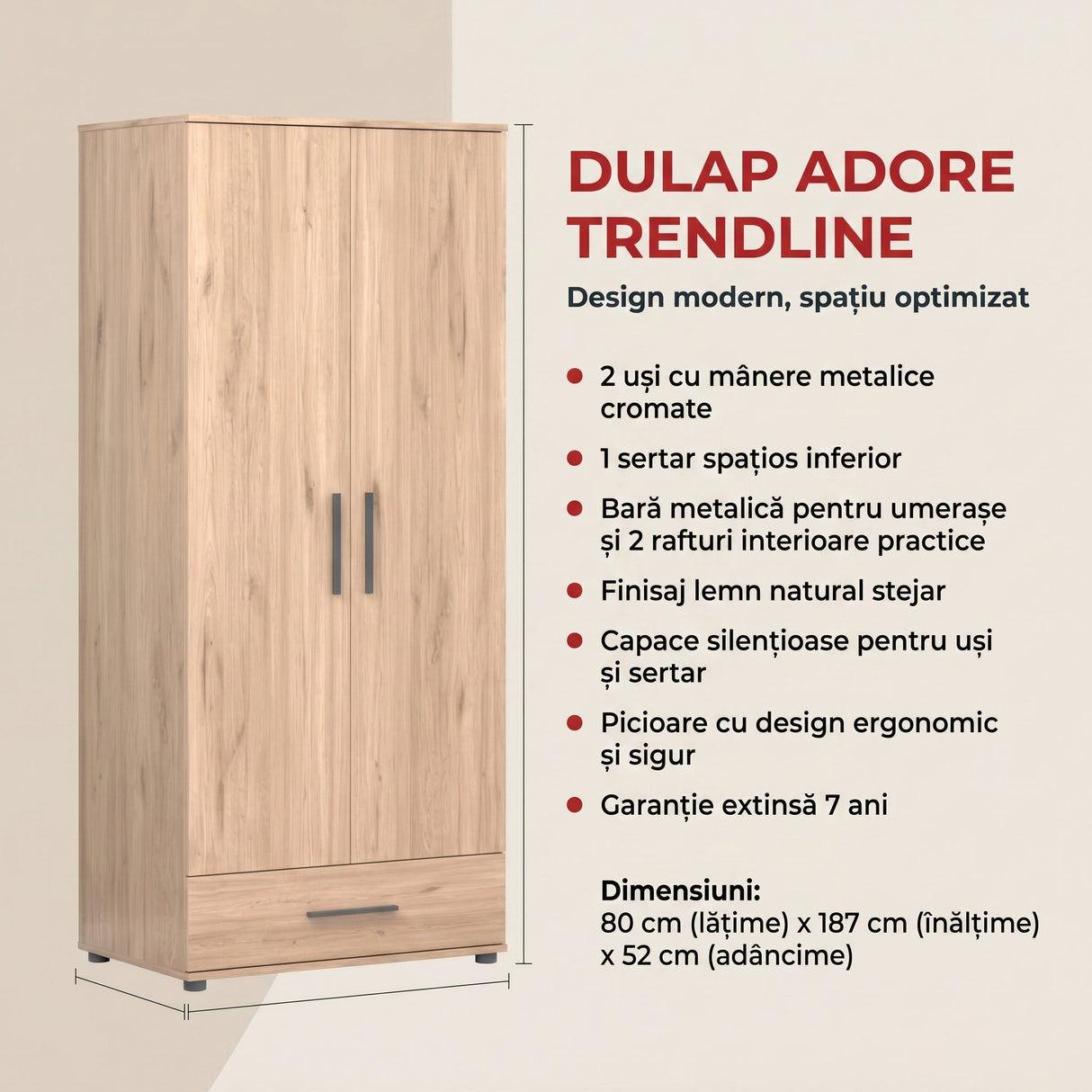 Dulap Haine GRD-621-FF-2 Home Collection® Trendline cu 2 usi si sertar, Stejar, 80x187x52 cm