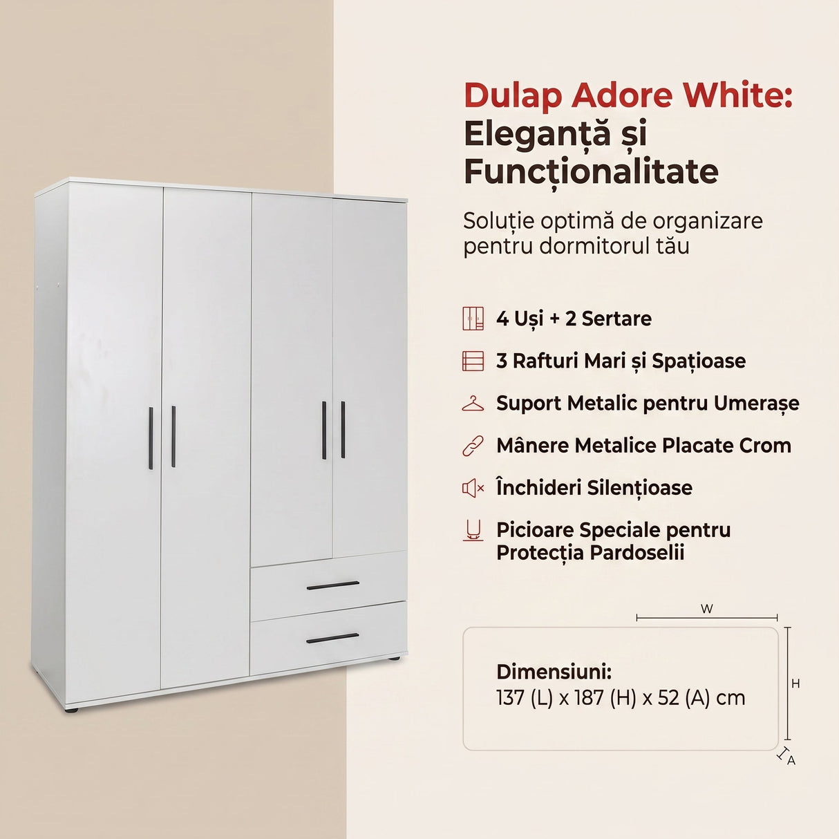 Dulap Haine GRD-642-BB-3 Home Collection® White, 4 usi si 2 sertare, Alb, 137x187x52 cm