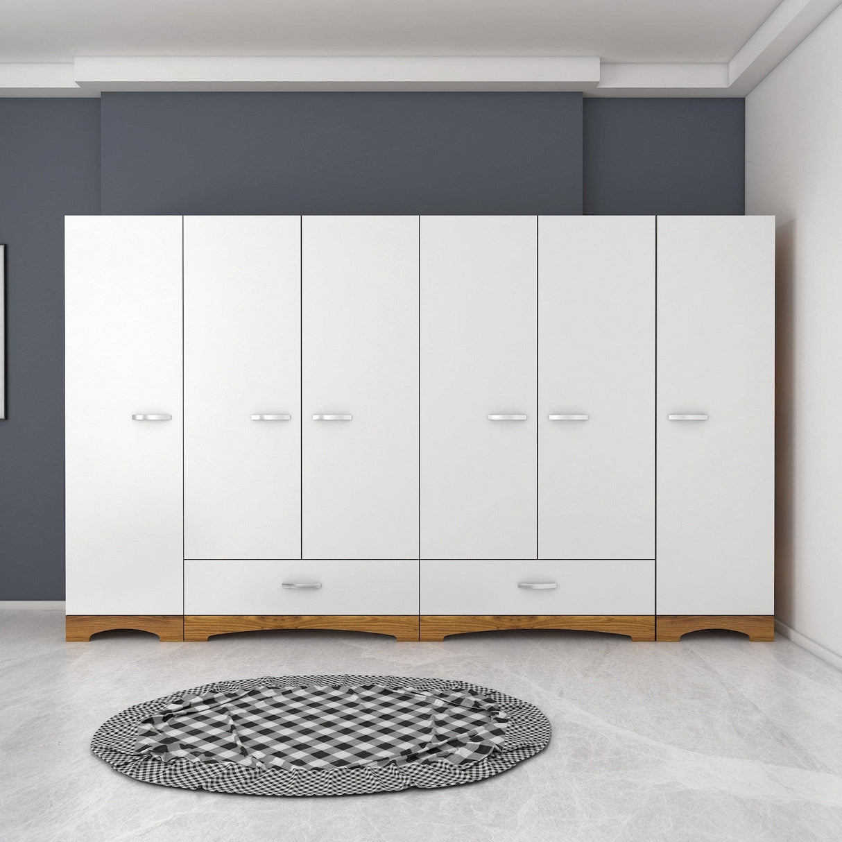 Dulap Haine Dormitor Ema 6 usi si 2 sertare, Alb - Nuc Alb, 243x181x48 cm - Nuc Alb