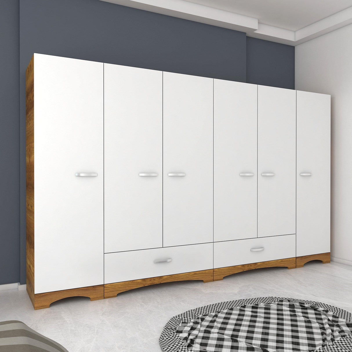 Dulap Haine Dormitor Ema 6 usi si 2 sertare, Alb - Nuc Alb, 243x181x48 cm - Nuc Alb