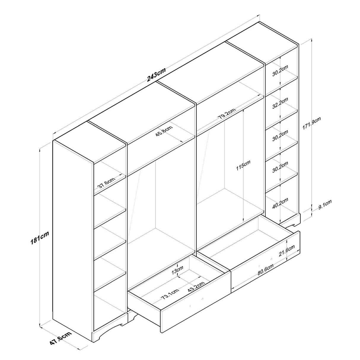 Dulap Haine Dormitor Ema 6 usi si 2 sertare, Alb - Nuc Alb, 243x181x48 cm - Nuc Alb