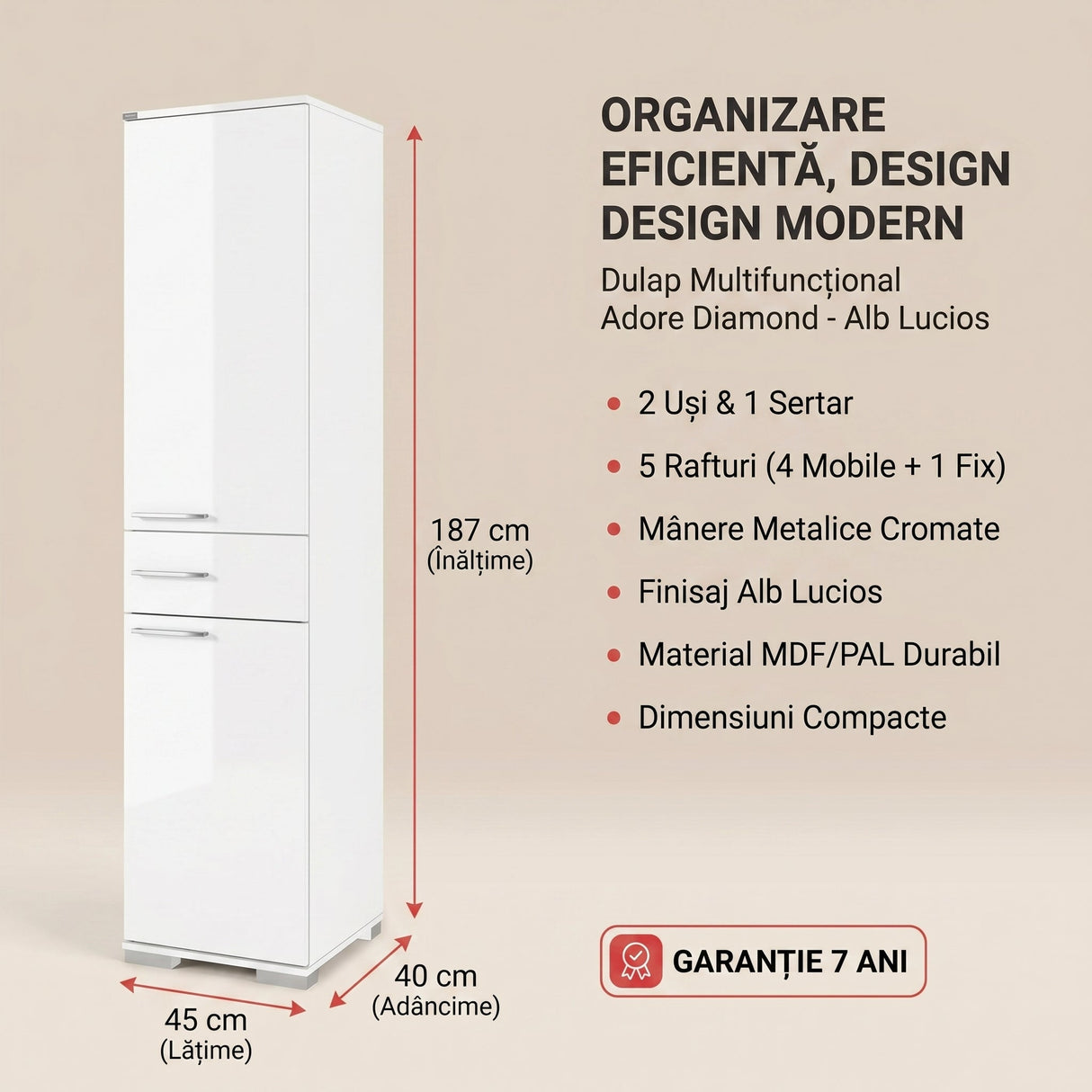 Dulap Multifunctional ADR-421-PP-1 Home Collection® Diamond, 2 usi, 1 sertar, Alb Lucios, 45x187x40 cm