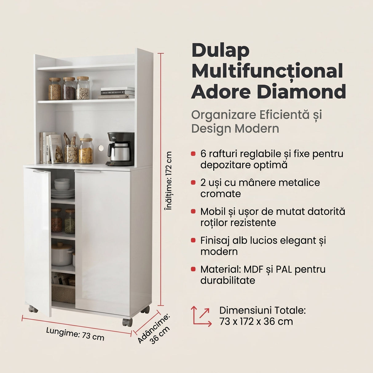 Dulap Multifunctional ADR-470-PP-1 Home Collection® Diamond, 2 usi, 6 rafturi, cu rotile, Alb Lucios, 73x172x36 cm