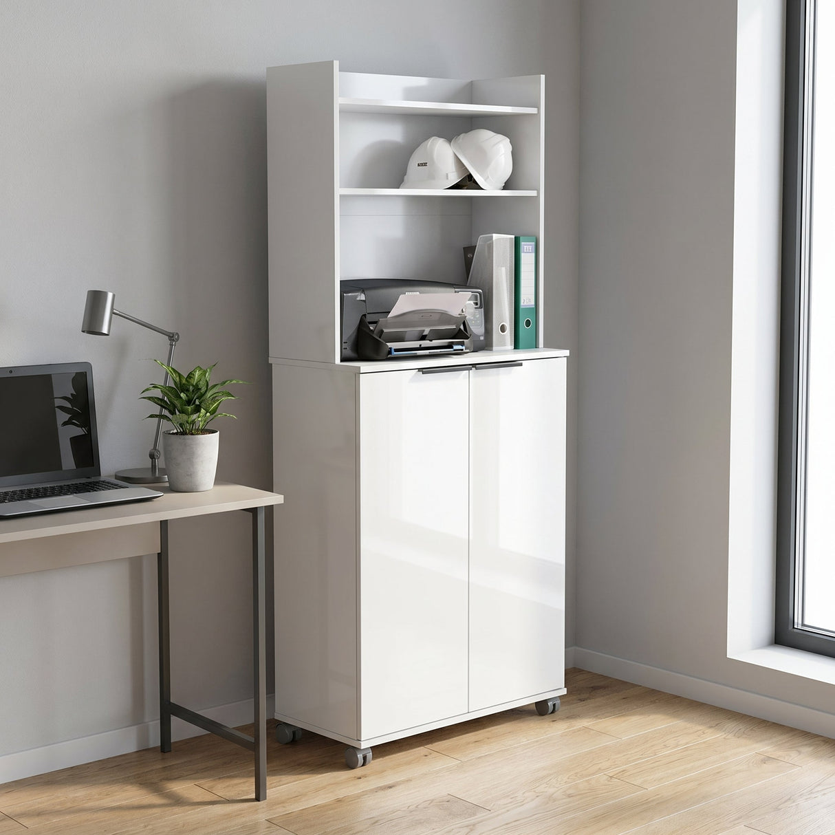 Dulap Multifunctional ADR-470-PP-1 Home Collection® Diamond, 2 usi, 6 rafturi, cu rotile, Alb Lucios, 73x172x36 cm