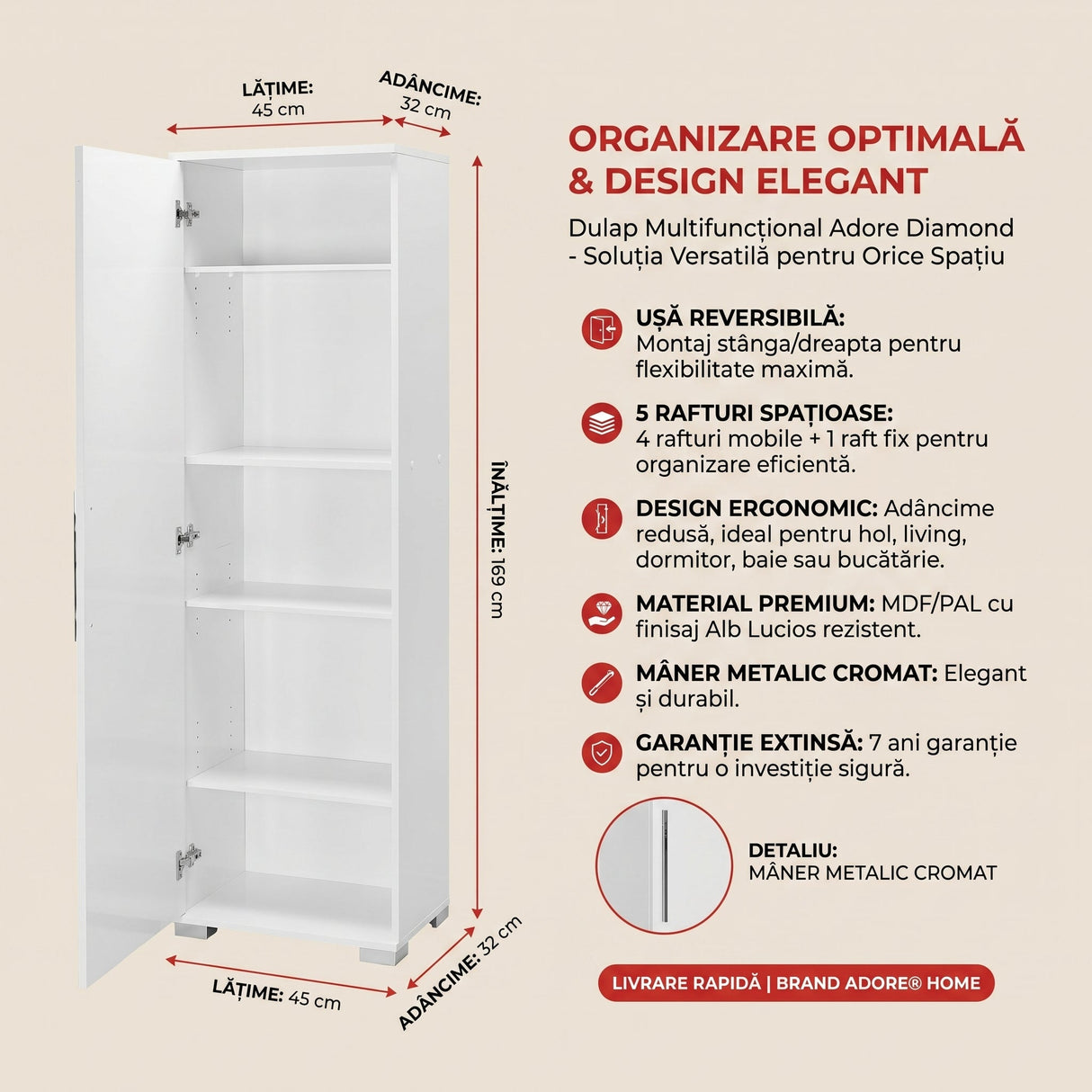 Dulap Multifunctional ADR-405-PP-1 Home Collection® Diamond, Usa reversibila, 5 rafturi, Alb, 45x169x32 cm