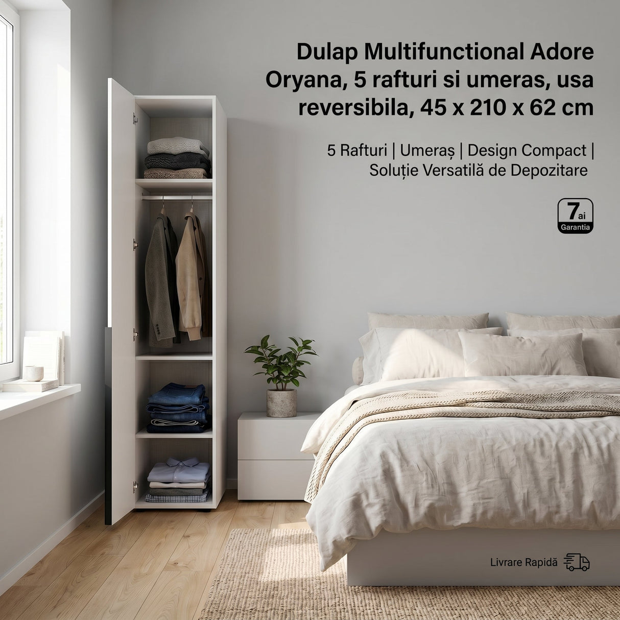 Dulap Multifunctional GRD-1710-DD-1 Home Collection® Oryana, 5 rafturi si umeras, usa reversibila, Alb - Nuc, 45x210x62 cm - Dulap Multifunctional GRD-1710-DD-1 home collection Oryana, 5 rafturi si umeras, usa reversibila, Alb - Nuc, 45x210x62 cm - GRD-1710-DD-1 | SKU: GRD-1710-DD-1
