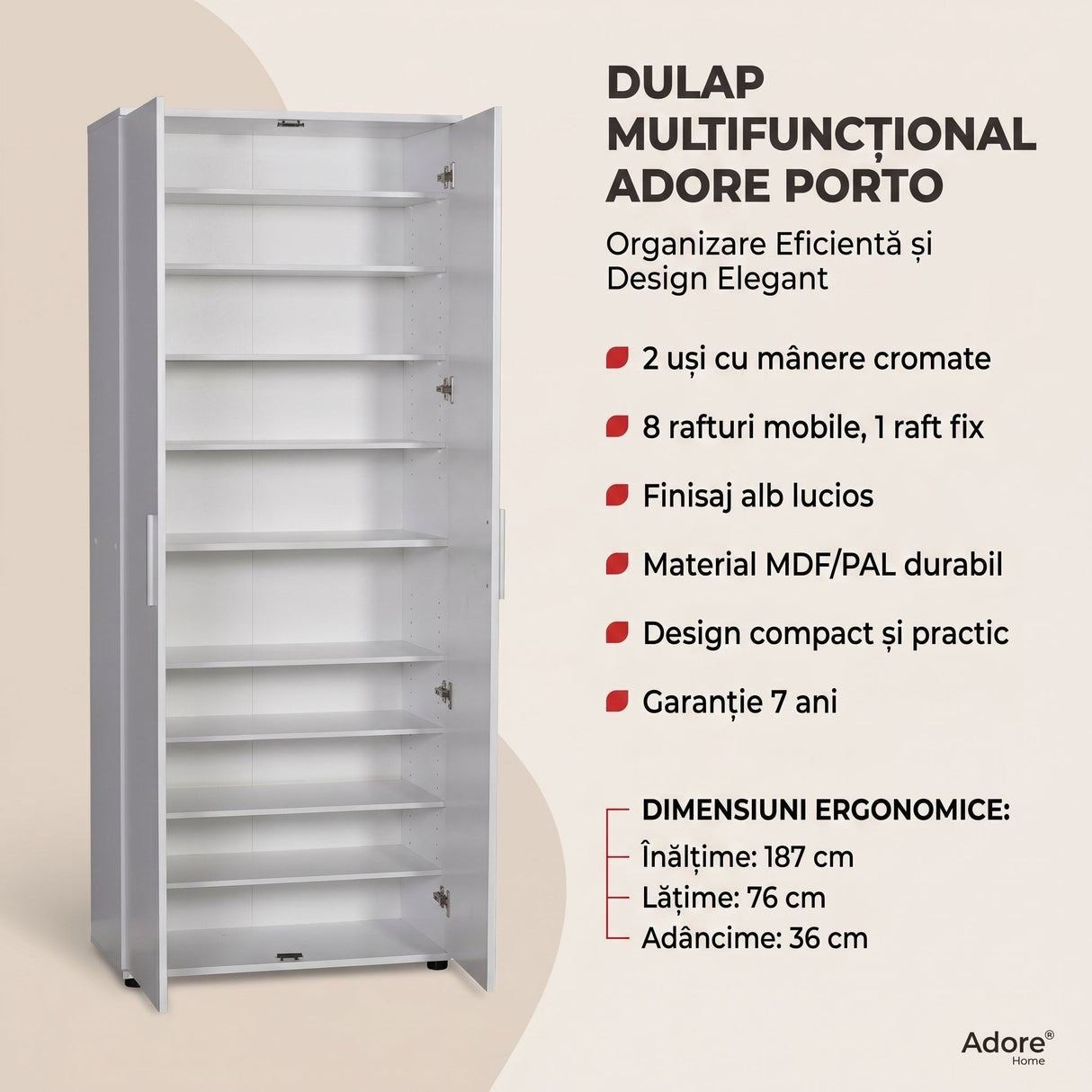 Dulap Multifunctional SHC-529-BB-2 Home Collection® Porto, 2 usi, 8 rafturi, Alb, 76x187x36 cm
