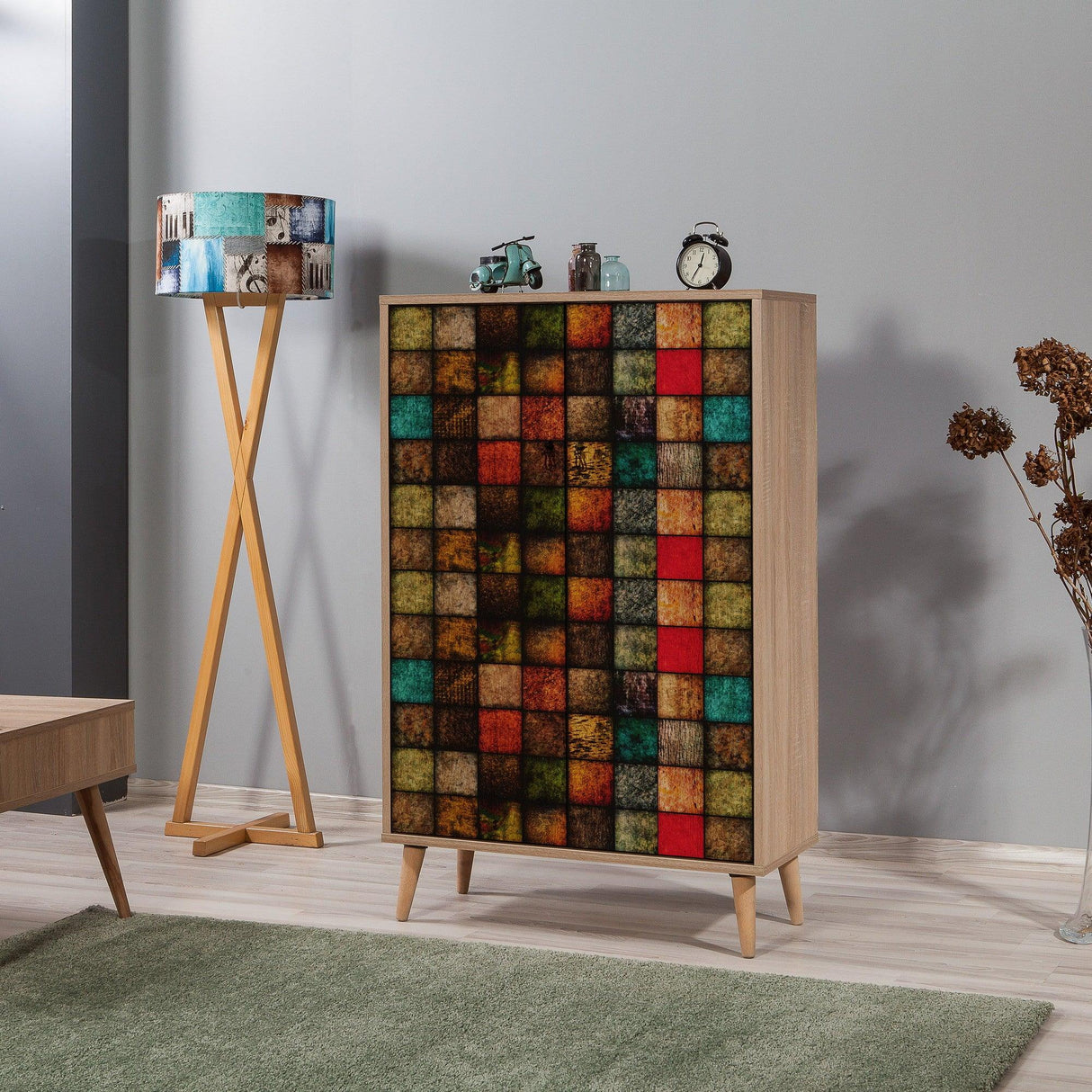 Dulap Multifunctional Multibox cu 2 usi, Stejar / Multicolor, 80x36x127 cm