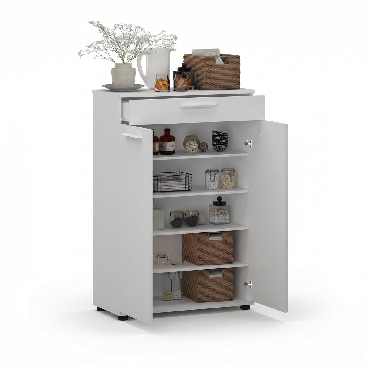 Dulap Multifuncțional pentru Hol, Baie sau Bucătărie, 2 Uși, 1 Sertar, Alb - Natur, 73x108x35 cm - Alb | SKU: ADR-521-BB-1, ADR-521-TT-1