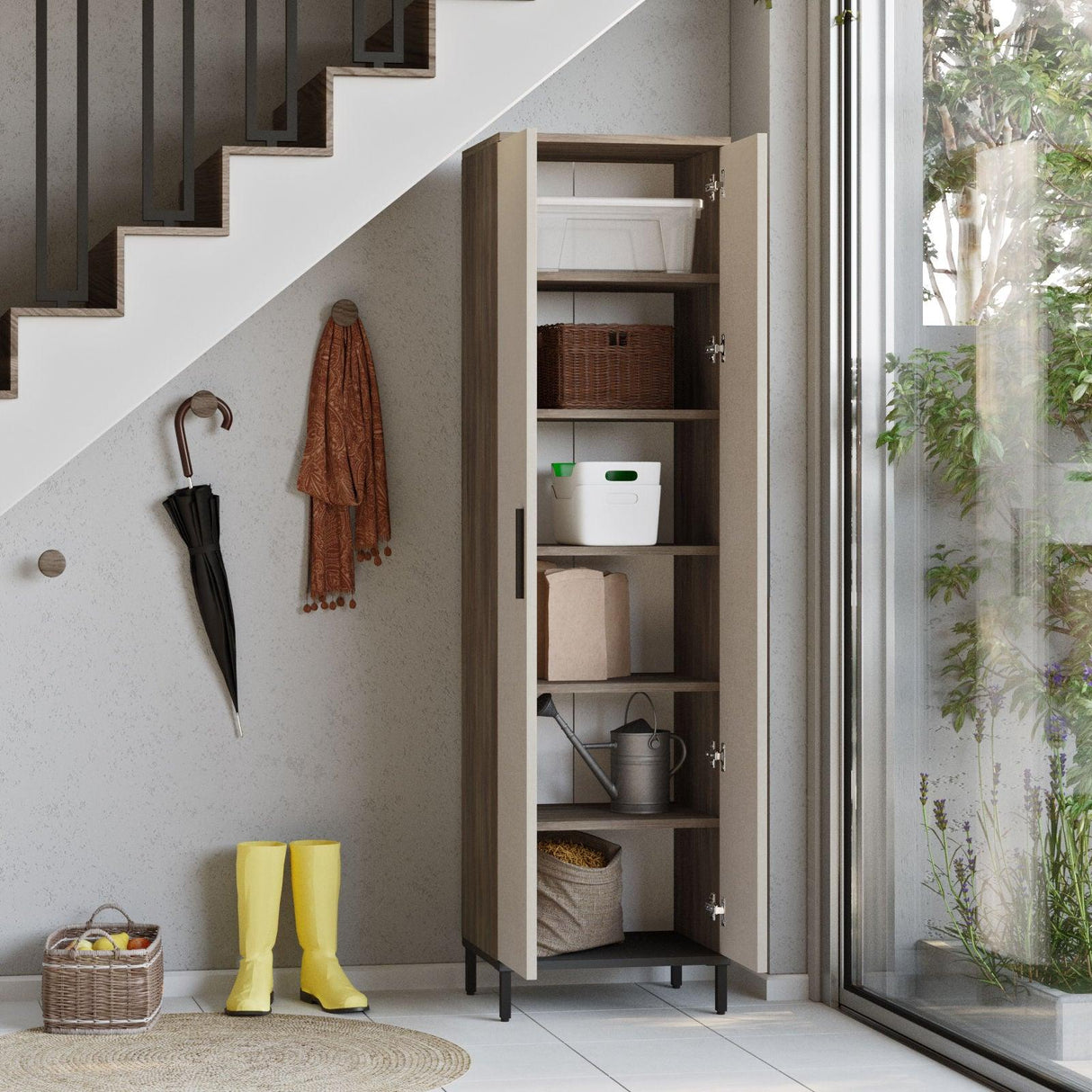 Dulap Multifunctional Rime cu 2 usi si 5 rafturi, Maro, 50x184x36 cm