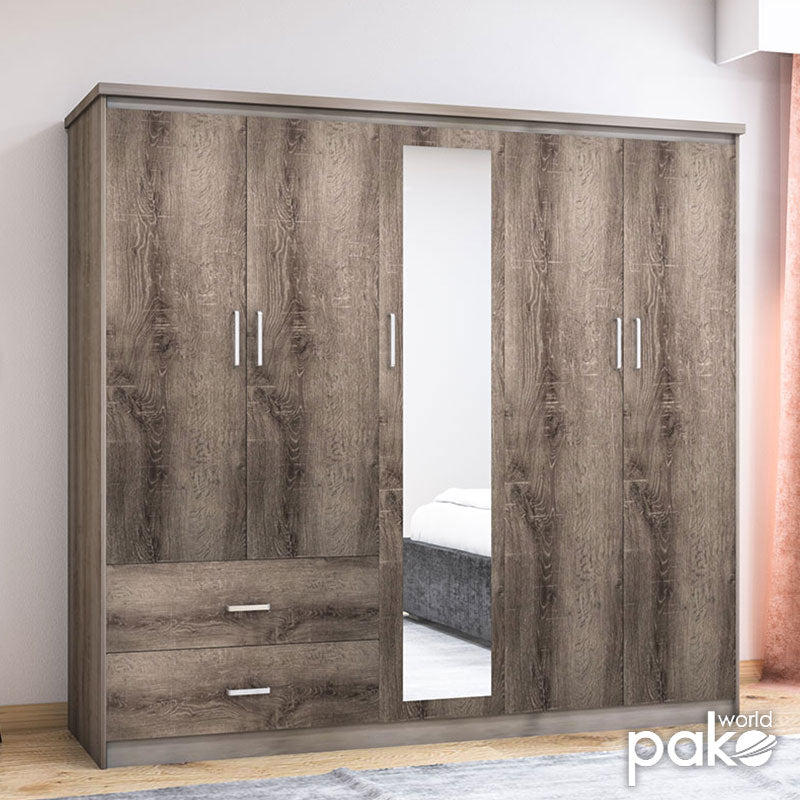 Dulap Olympus cu 5 usi si sertare cu oglinda, 198x57x183 cm - Natur