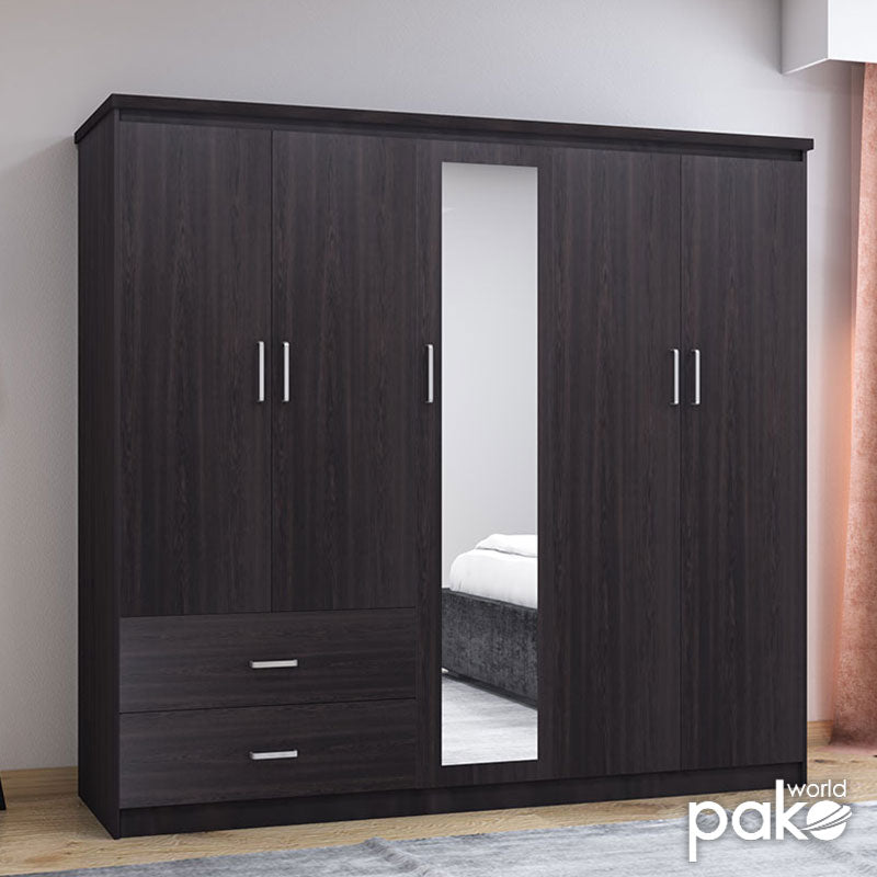 Dulap Olympus cu 5 usi si sertare cu oglinda, 198x57x183 cm - Nuc
