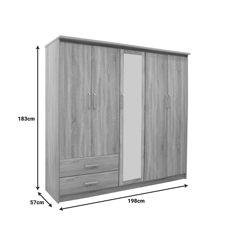 Dulap Olympus cu 5 usi si sertare cu oglinda, 198x57x183 cm - Stejar