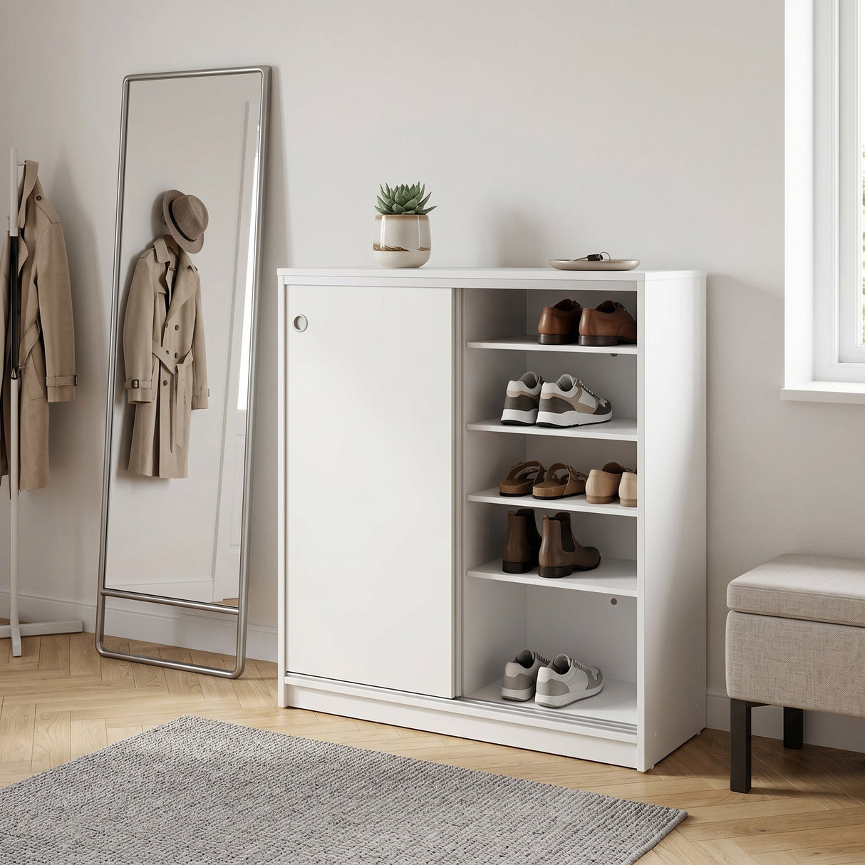 Dulap Pantofi ADR-322-BB-1 Home Collection® Diamond, 2 usi glisante, 5 rafturi, Alb - Natur, 91x105x37 cm - Alb | SKU: ADR-322-BB-1