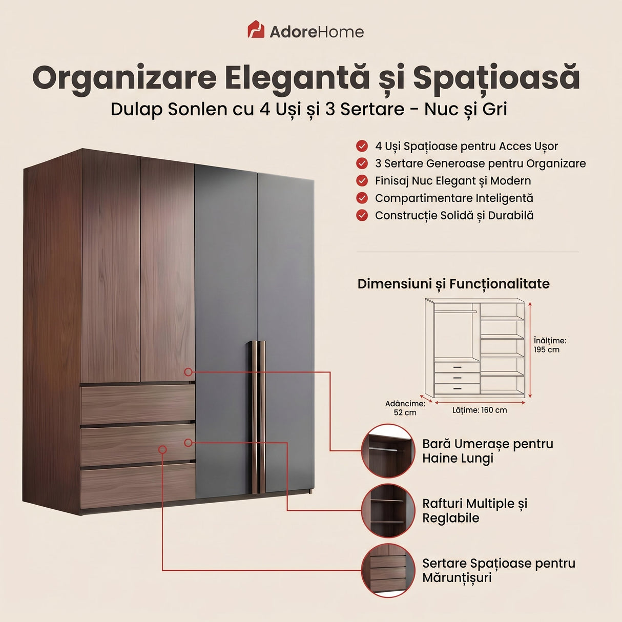 Dulap Sonlen cu 4 usi si 3 sertare, Nuc, 160x52x195 cm