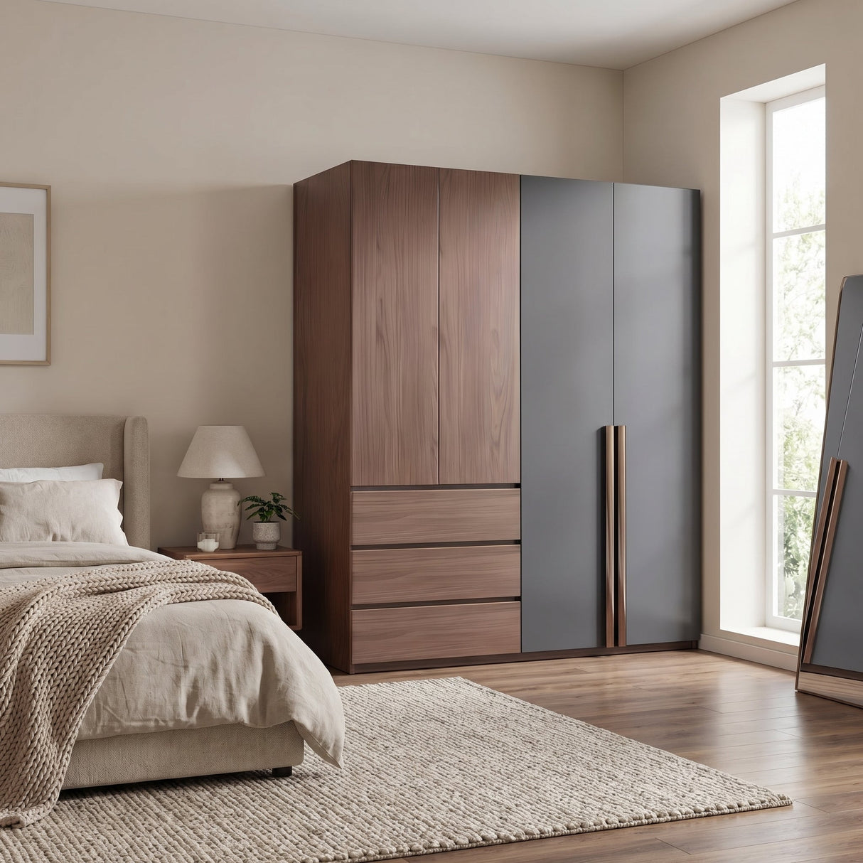 Dulap Sonlen cu 4 usi si 3 sertare, Nuc, 160x52x195 cm