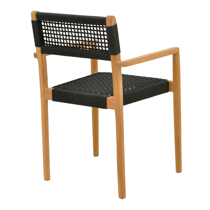 Fotoliu cu structură din lemn de teak, șnur, negru, 54x52x80 cm