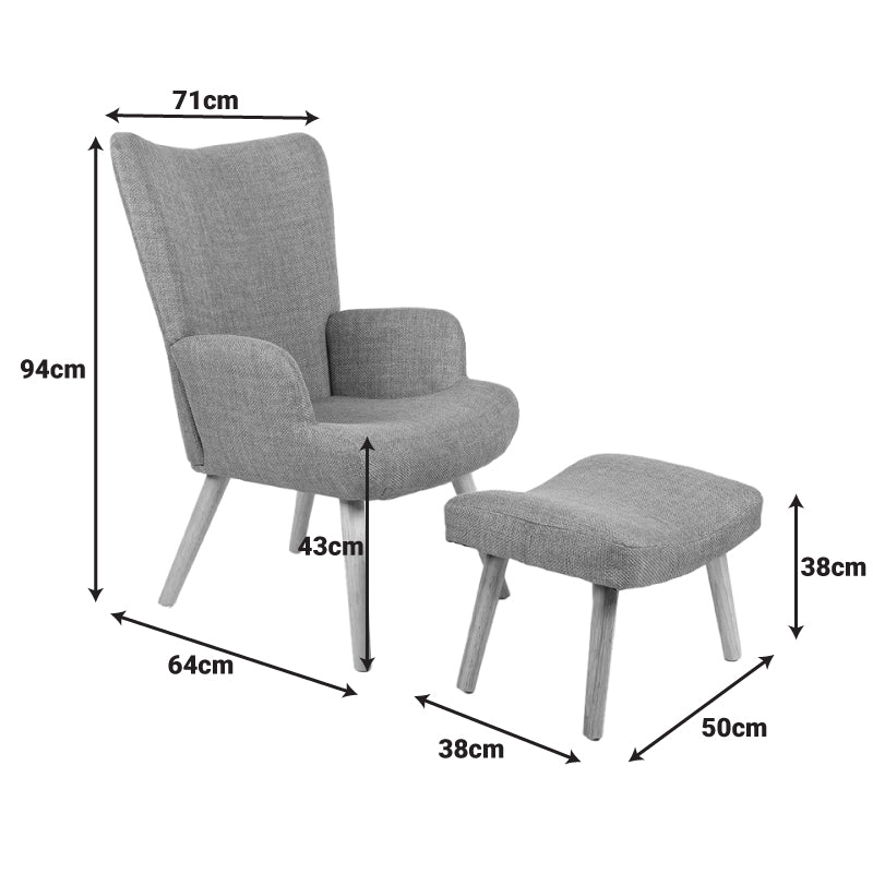 Fotoliu cu taburet Gerlina, Picioare lemn natural, Diverse culori, 71x64x94 cm - Gri deschis