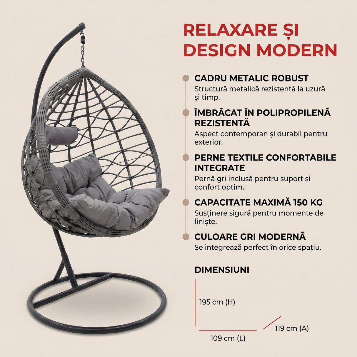 Balansoar Hudson, Metal si PP, 109x119x195 cm - Gri