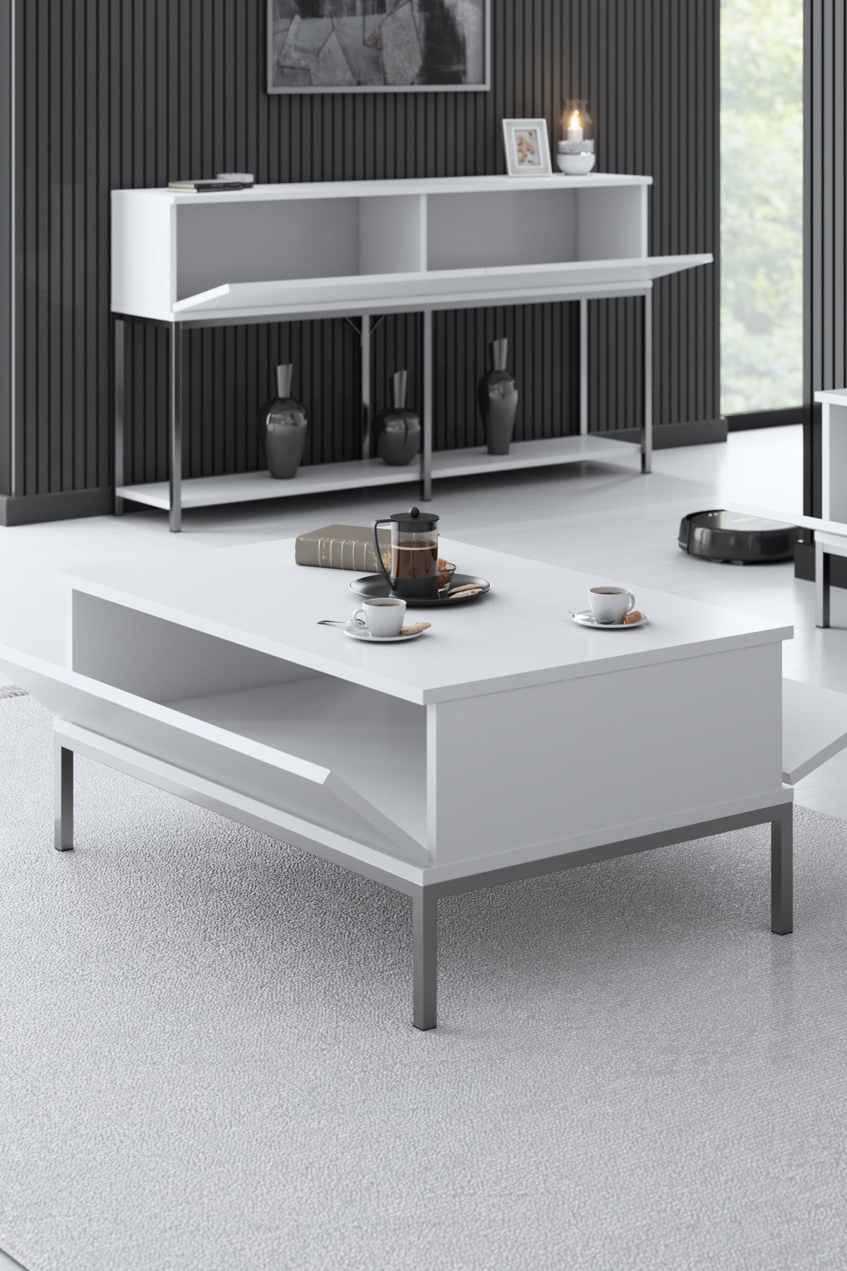 Masă de cafea Lord Bexley, alb - negru - alb - auriu - alb - argintiu, 90x60x40 cm - White Silver