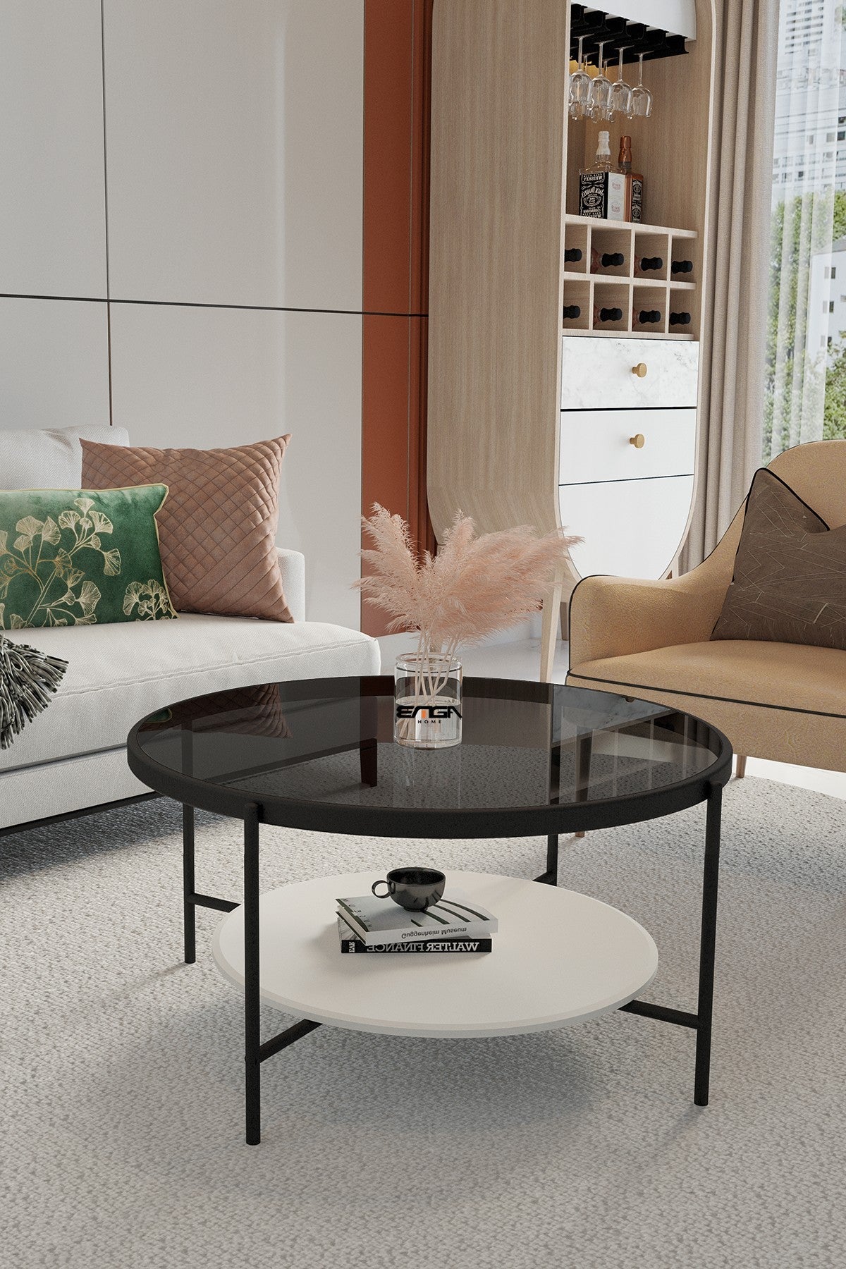 Masă de cafea Oslo Mirosa, pin antic, negru, fume-alb, 75x75x45 cm - Fume
White