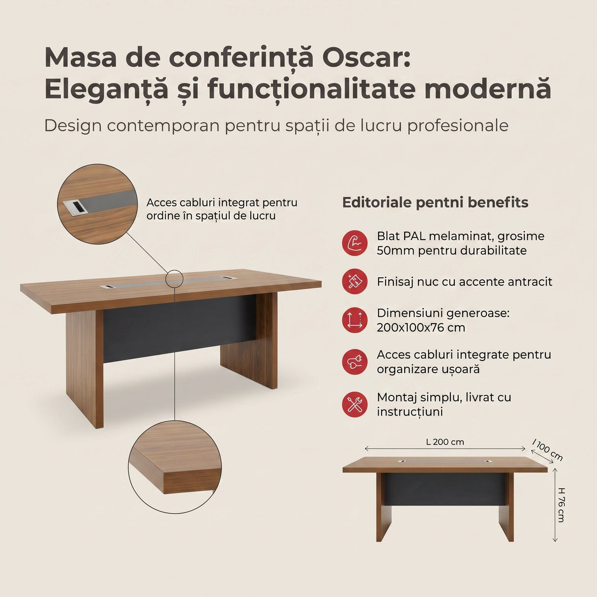 Masa de conferinta Oscar 5cm, nuc - antracit, 200x100x76 cm