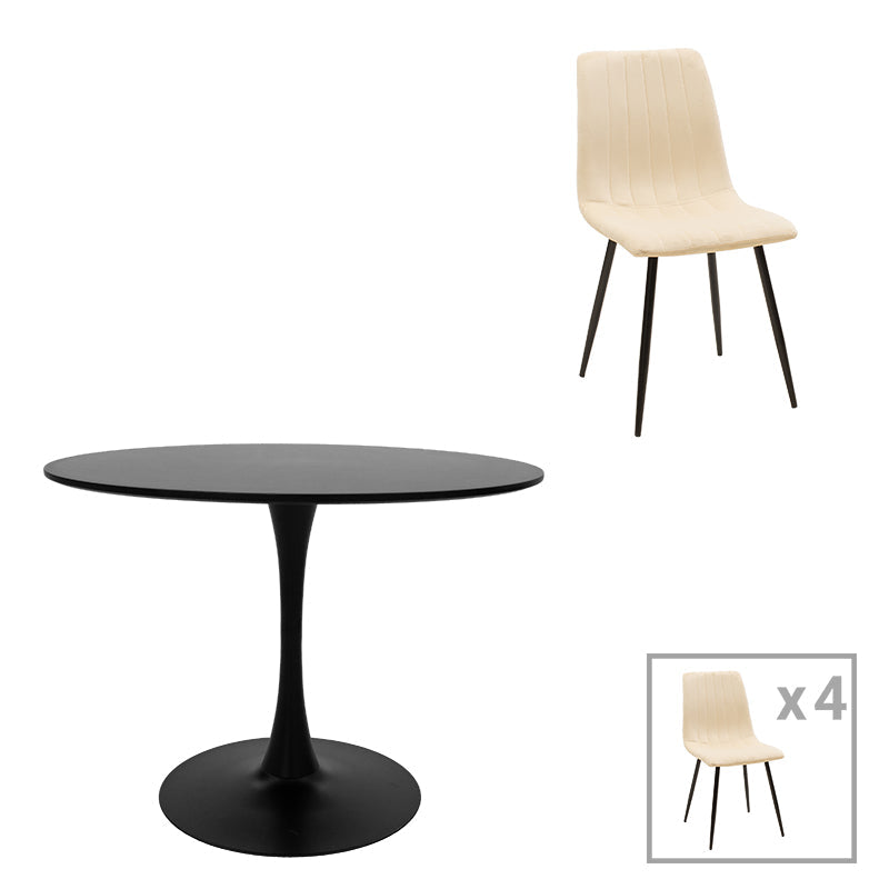 Masă de sufragerie cu functie extensibila Balou-Noor, Set de 5 piese, Negru-Bej, 100x73 cm