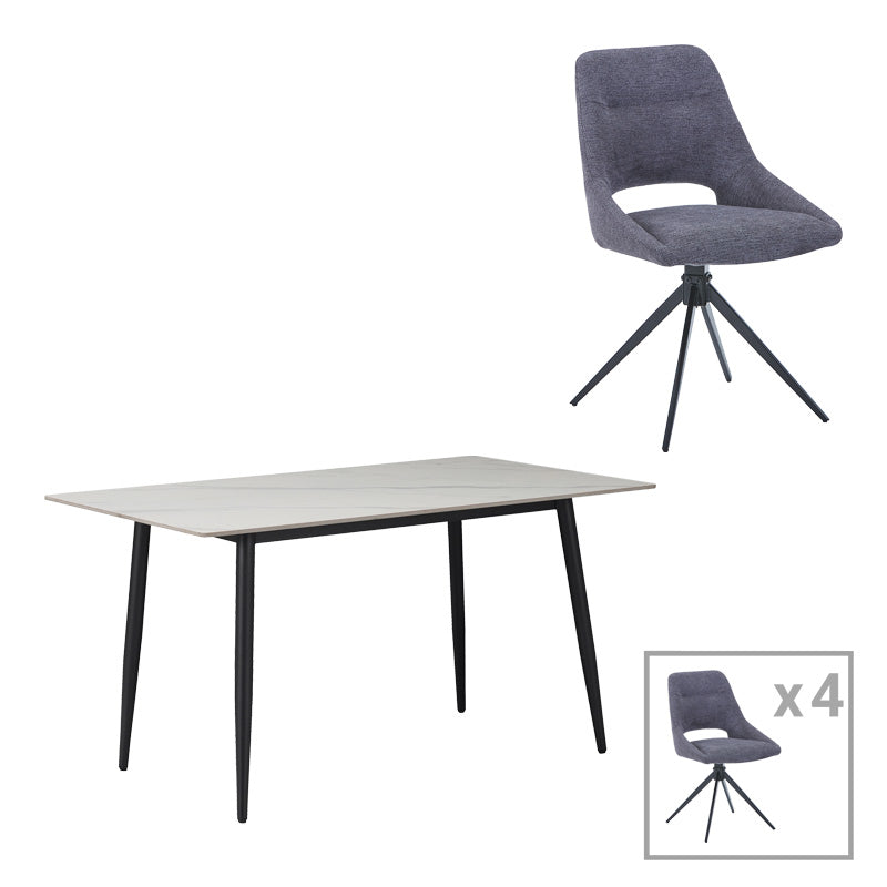 Masă de sufragerie Gustas-Luciano I set de 5 piese marmura Alb piatra sinterizata-metal, negru, 120x60x75 cm